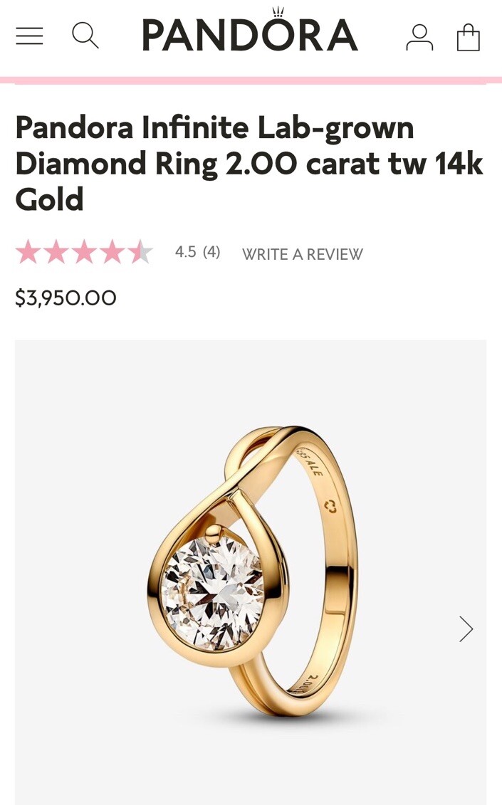 PANDORA Infinite 2.0 Carat Lab-Grown Diamond 14k Yellow Gold Ring Size 7.5 / 56