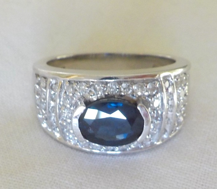 14k White Gold Solitaire Sapphire Diamond Ring – 6.80 gms, Sz 6.75, 1.86 ctw