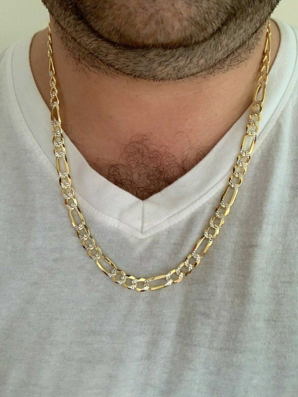 Mens 8mm 14k Gold Plated Solid Sterling Silver Figaro Chain Two Tone Diamond Cut