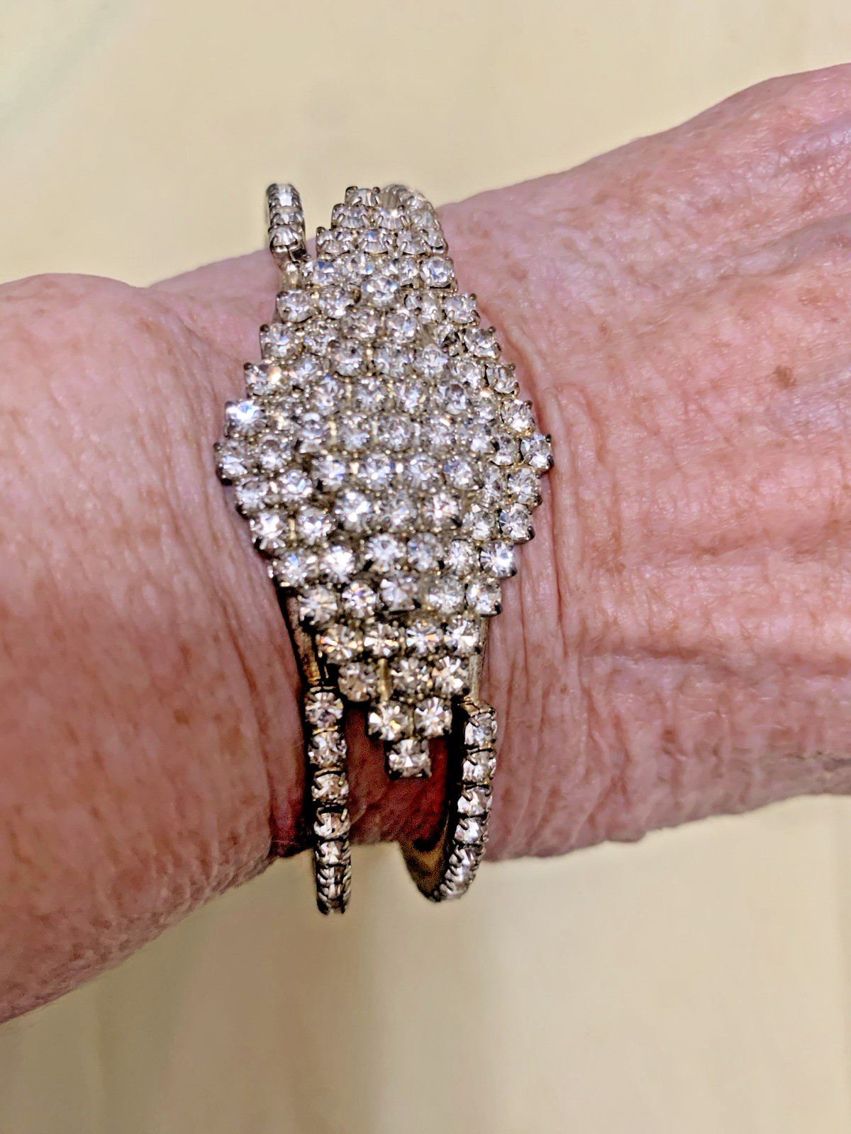 Vintage Encrusted Prong Set Rhinestones,Bangle Bracelet,Silver-tone & Hinged, 8”
