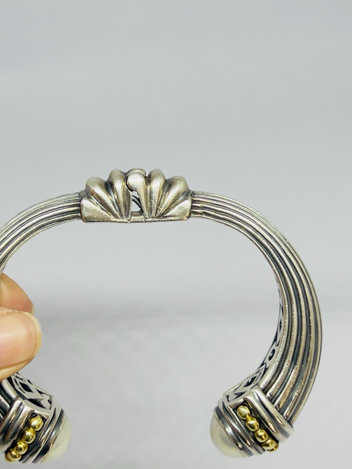 LAGOS Caviar Heavy 925/18k Yellow Gold Hinged Cuff Bracelet Mabe Pearls 64.7 g
