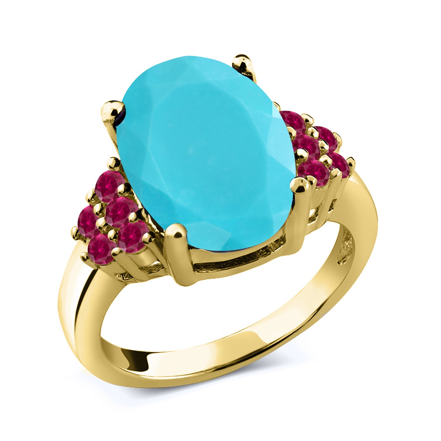 3.50 Ct Oval Green Turquoise Red Created Ruby 18K Yellow Gold Plated Silver Ring