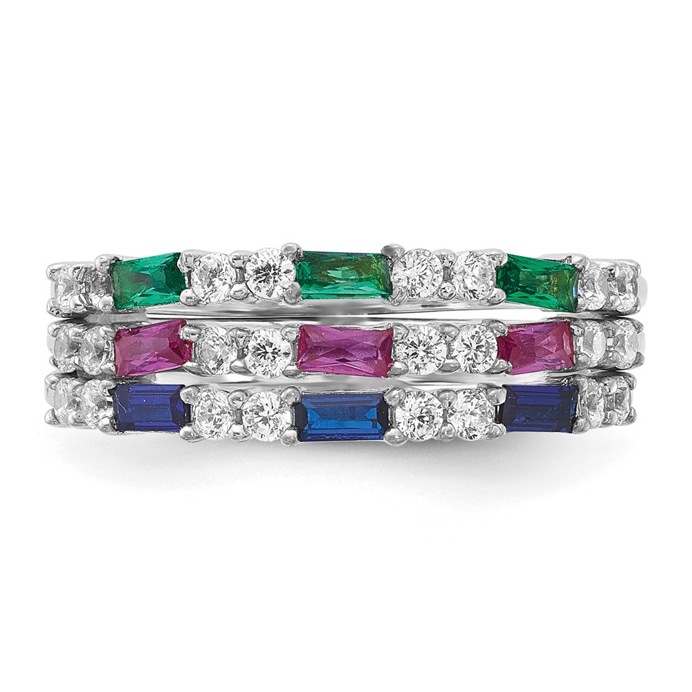 Sterling Silver Green, Red and Blue Cubic Zirconia 3 Ring Set Size 7