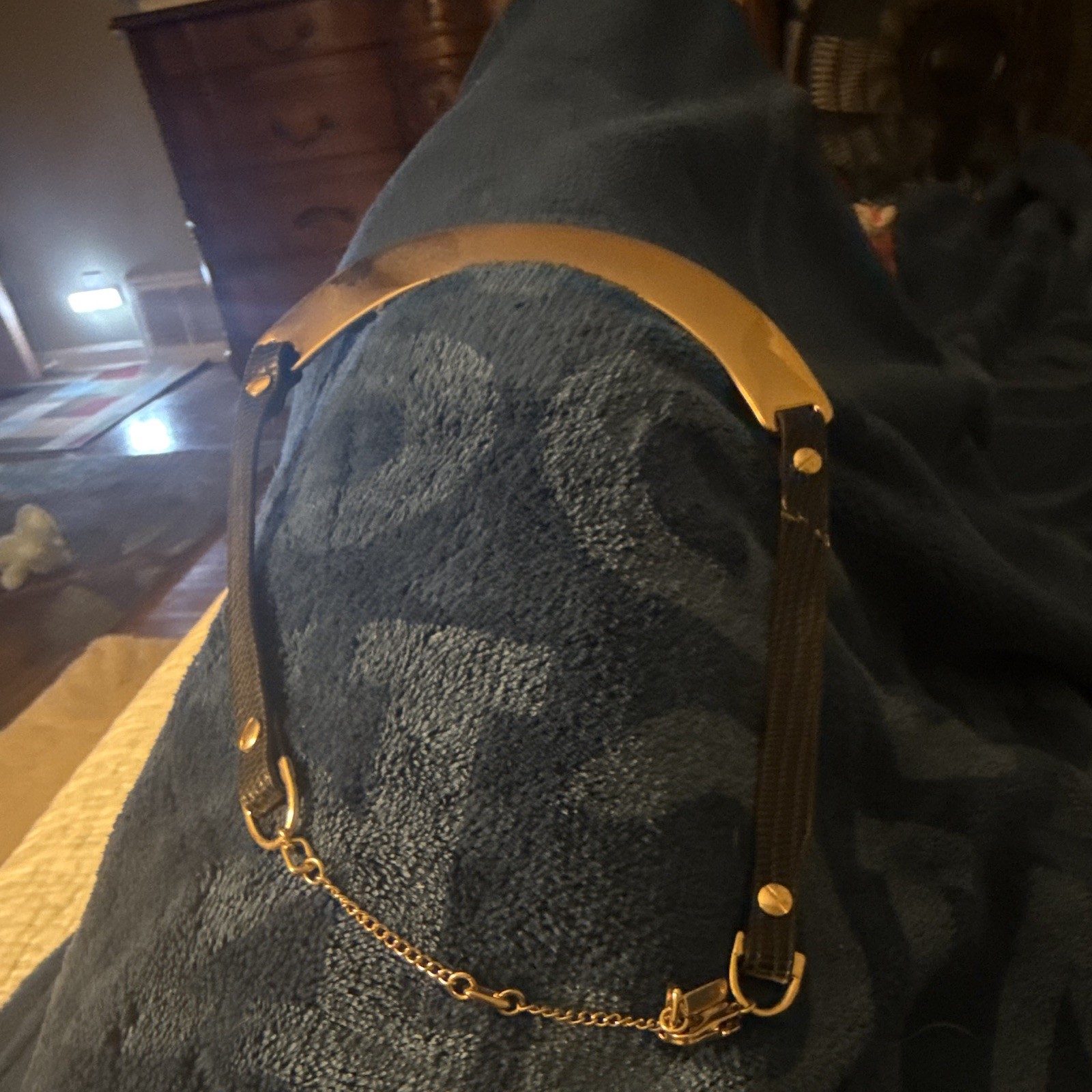 Gold Tone Crescent Collar Statement Necklace Black Straps Adjustable