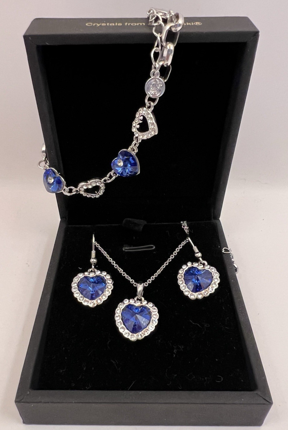 Qianse Blue Heart Chain Necklace Matching Earrings & Bracelet Swarovski Crystals