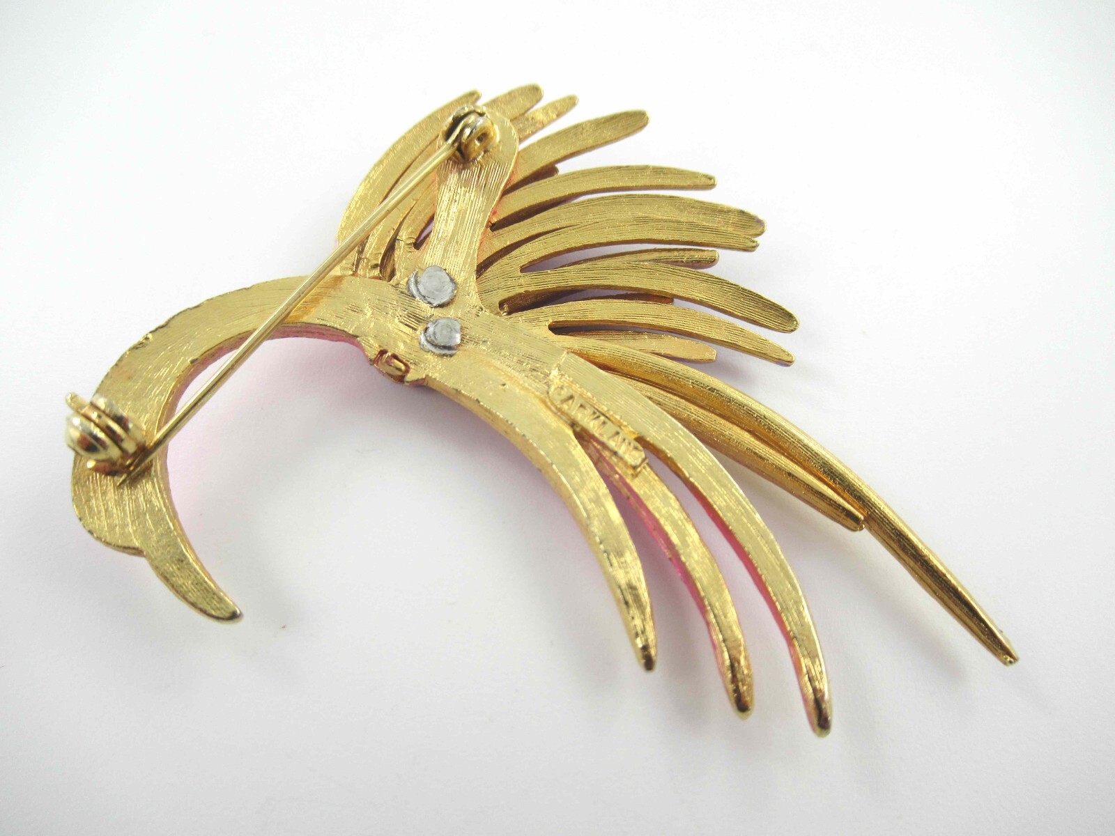 Signed Park Lane Vintage Pink Bird of Paradise Enamel on Gold Tone Brooch Pin