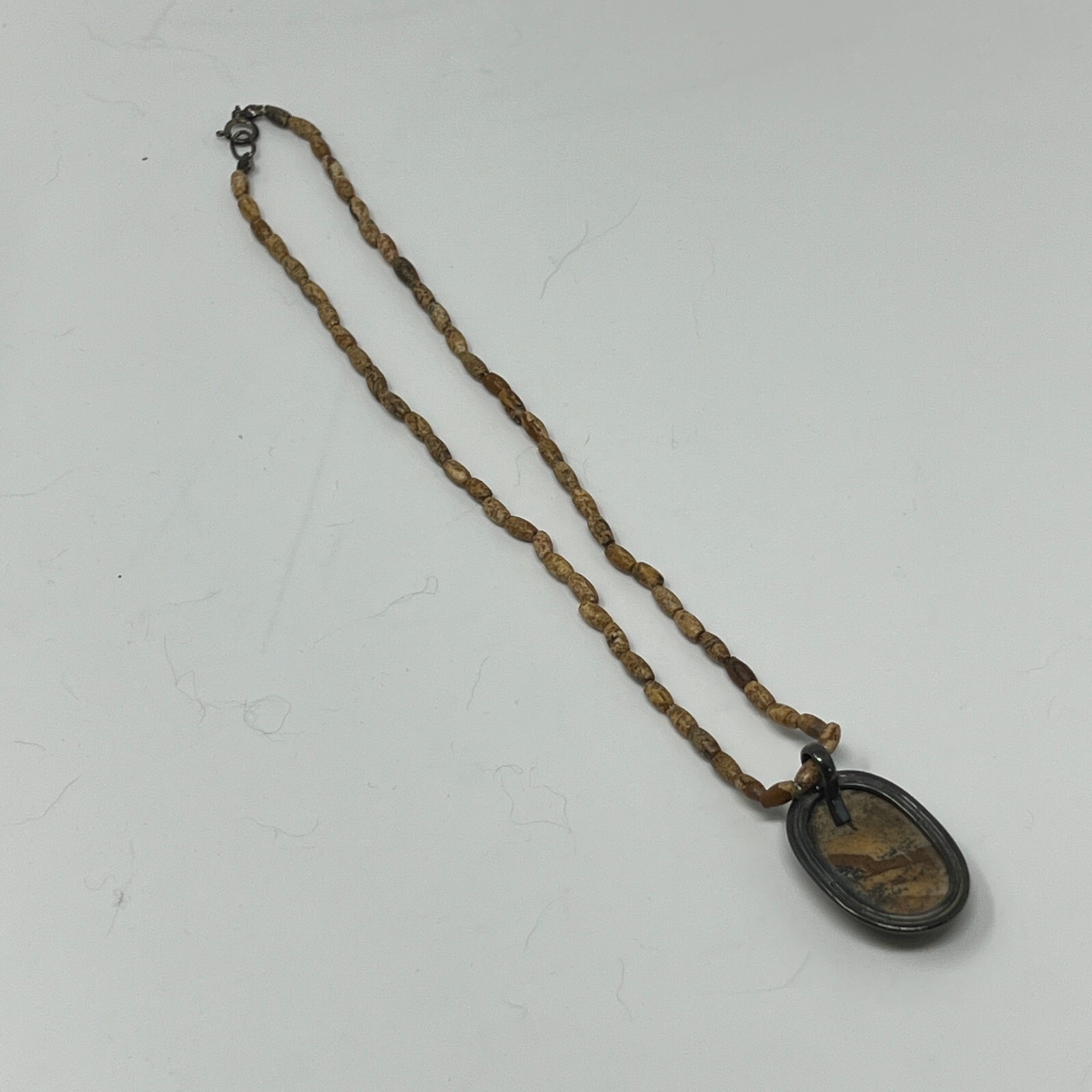 Earth Tone Beaded Necklace Brown Tan Cabochon Stone Pendant
