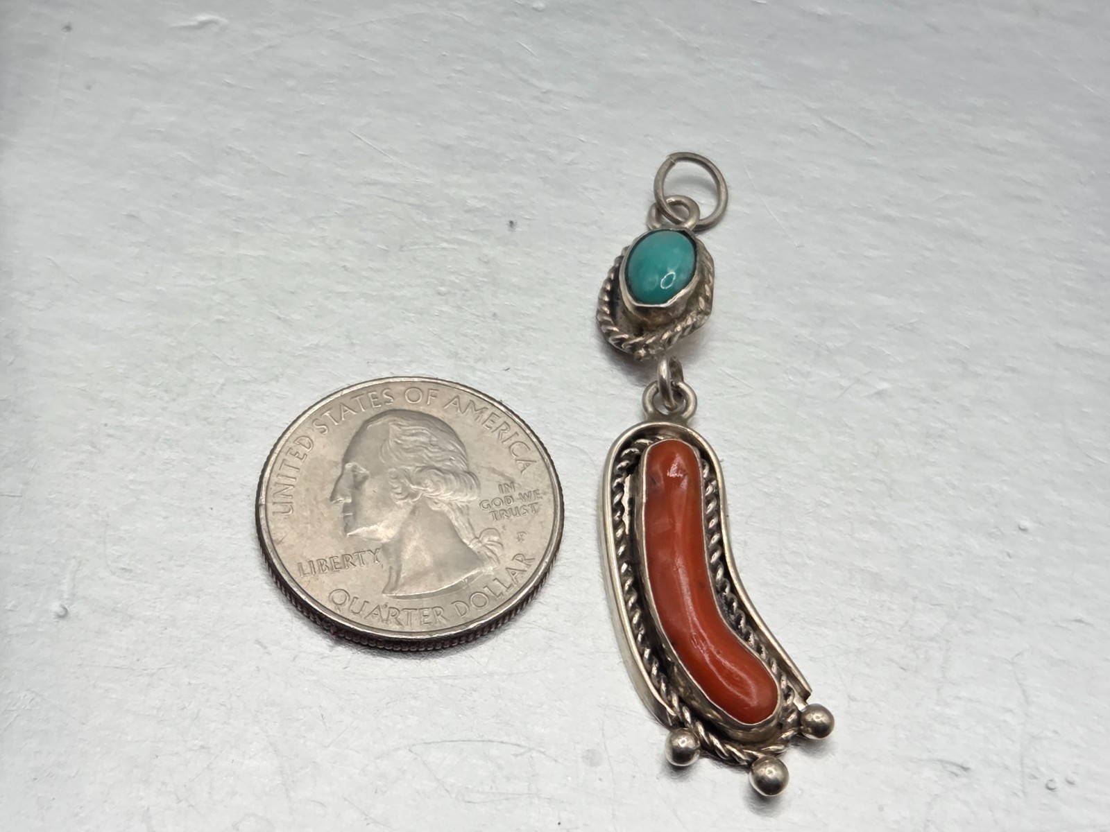 Vintage Navajo Sterling silver Natural Turquoise Red Coral Pendant