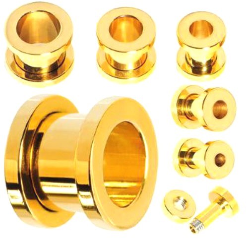 PAIR GOLD 316L STEEL SCREW ON FIT FLESH TUNNELS EAR PLUGS GAUGES 00G 0G 2G 4G 6G