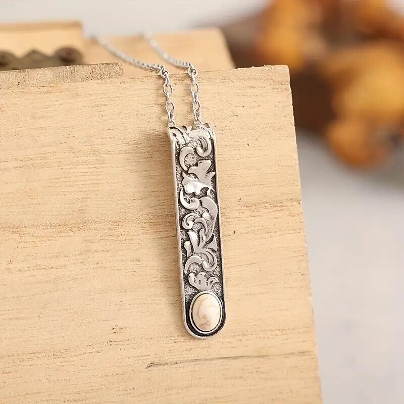 Vintage Simple Long Bar Carved Pendant Necklace Women Silver Plated Zinc Alloy