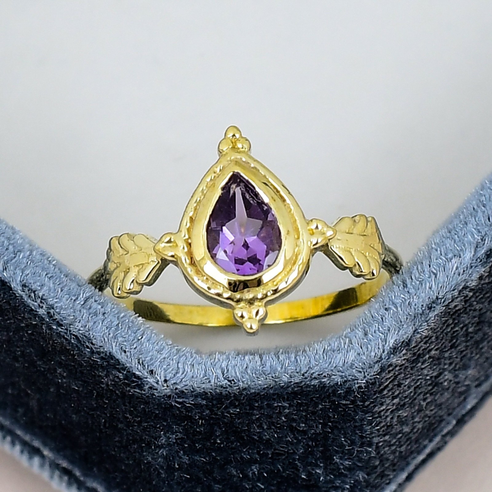 Amethyst Pear Ring 18K Gold Plated 5x7mm Purple Gemstone Nature Leaf Ring Gift