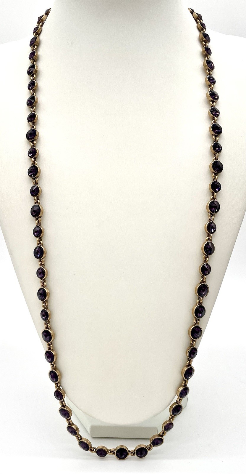 CHICO’S Long Rich Grape Purple Glass 9 mm Cab Necklace 33″ Plus Extender