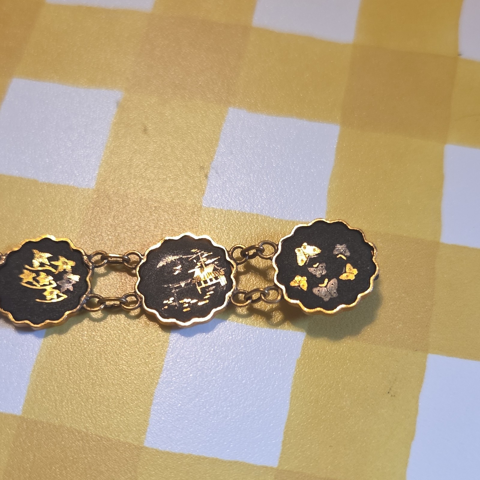 Japanese Scenic Damascene Bracelet Gold & Silver on Brass Medallions Links