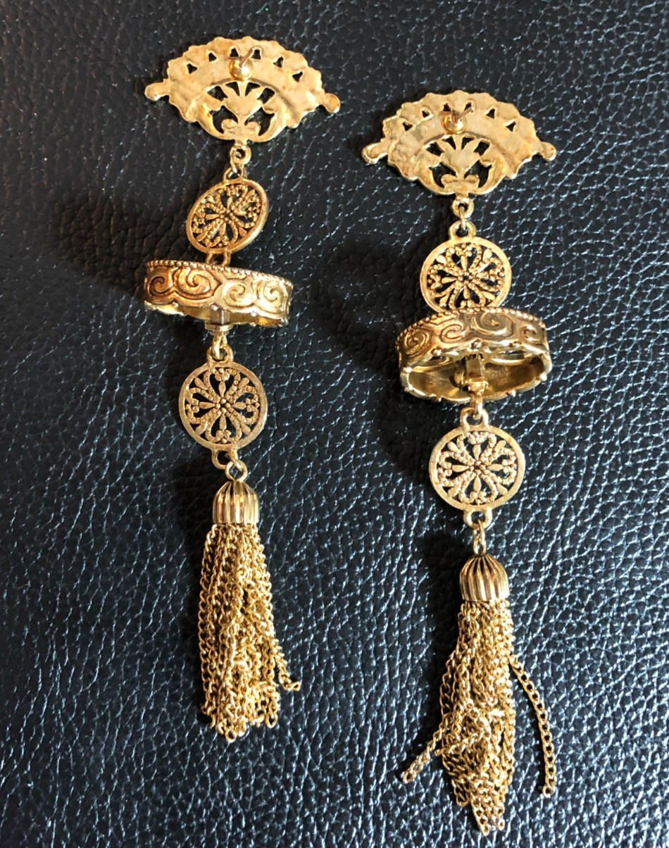 Vintage JJ Jonette Gold Earrings Fan Filigree Tassel Statement Artifacts 5″ 8429