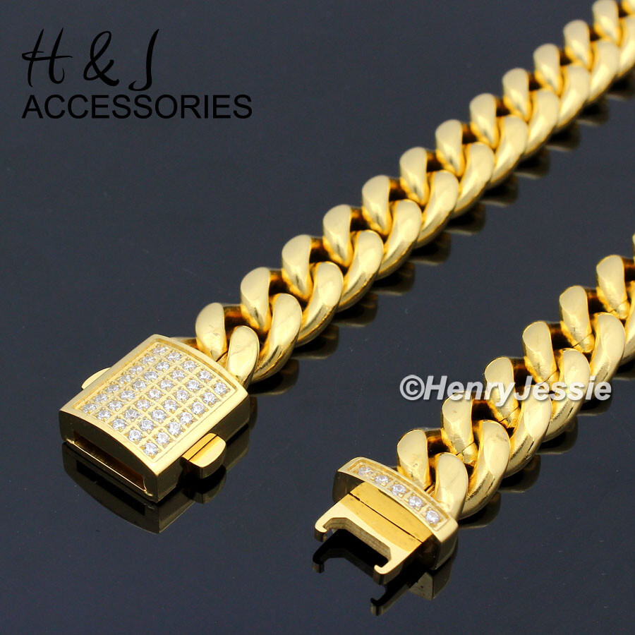 18″-40″Stainless Steel 7/10/12mm Gold Plated ICY CZ Miami Cuban Chain Necklace