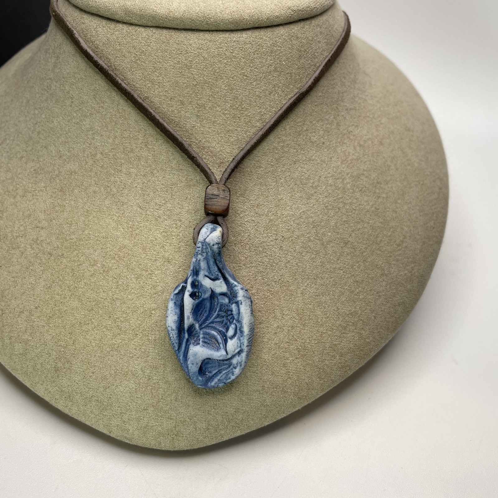 1970s Vintage Cermic Charm necklace Stone Bead Leather Cord Approx 24” Handmade