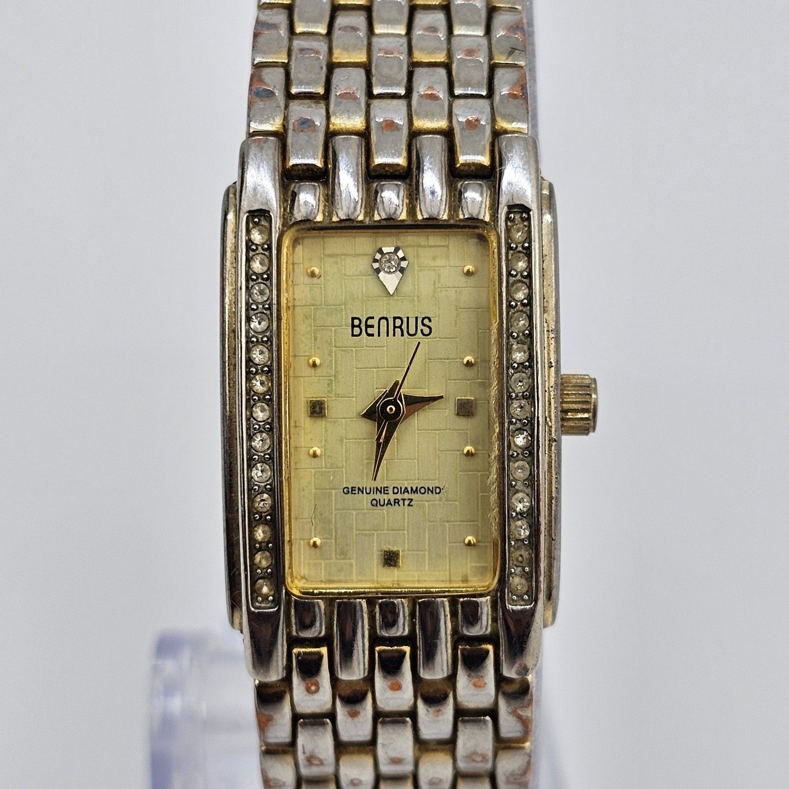 Benrus Women’s Watch 19MM Gold Dial Diamond Bezel Gold Bracelet 6.5″ New Battery