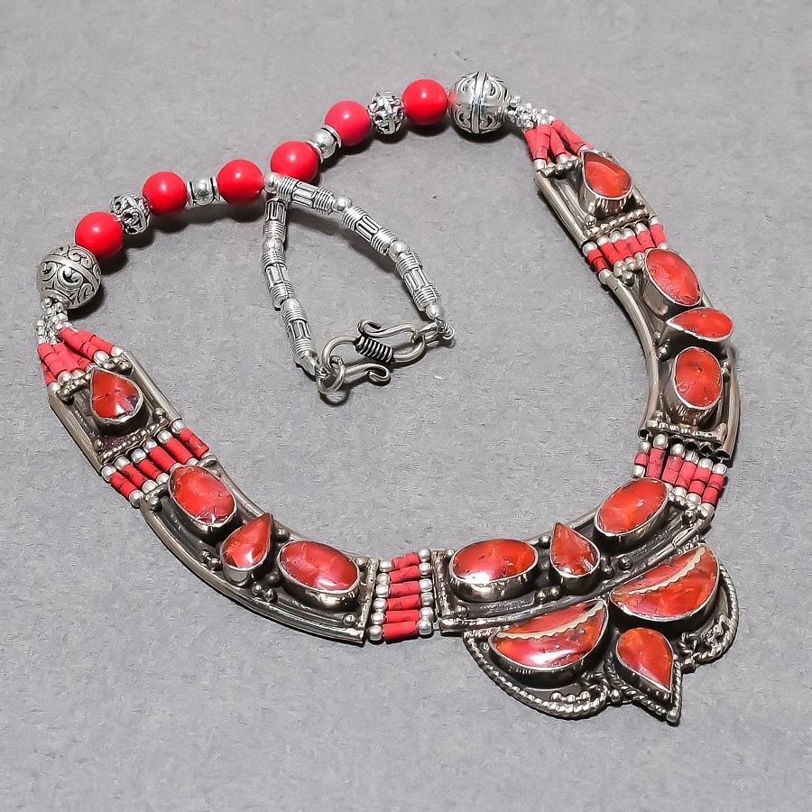 Red Coral Gemstone Tibetan Necklace Nepalese Handmade Nepali Jewelry 18″ N33