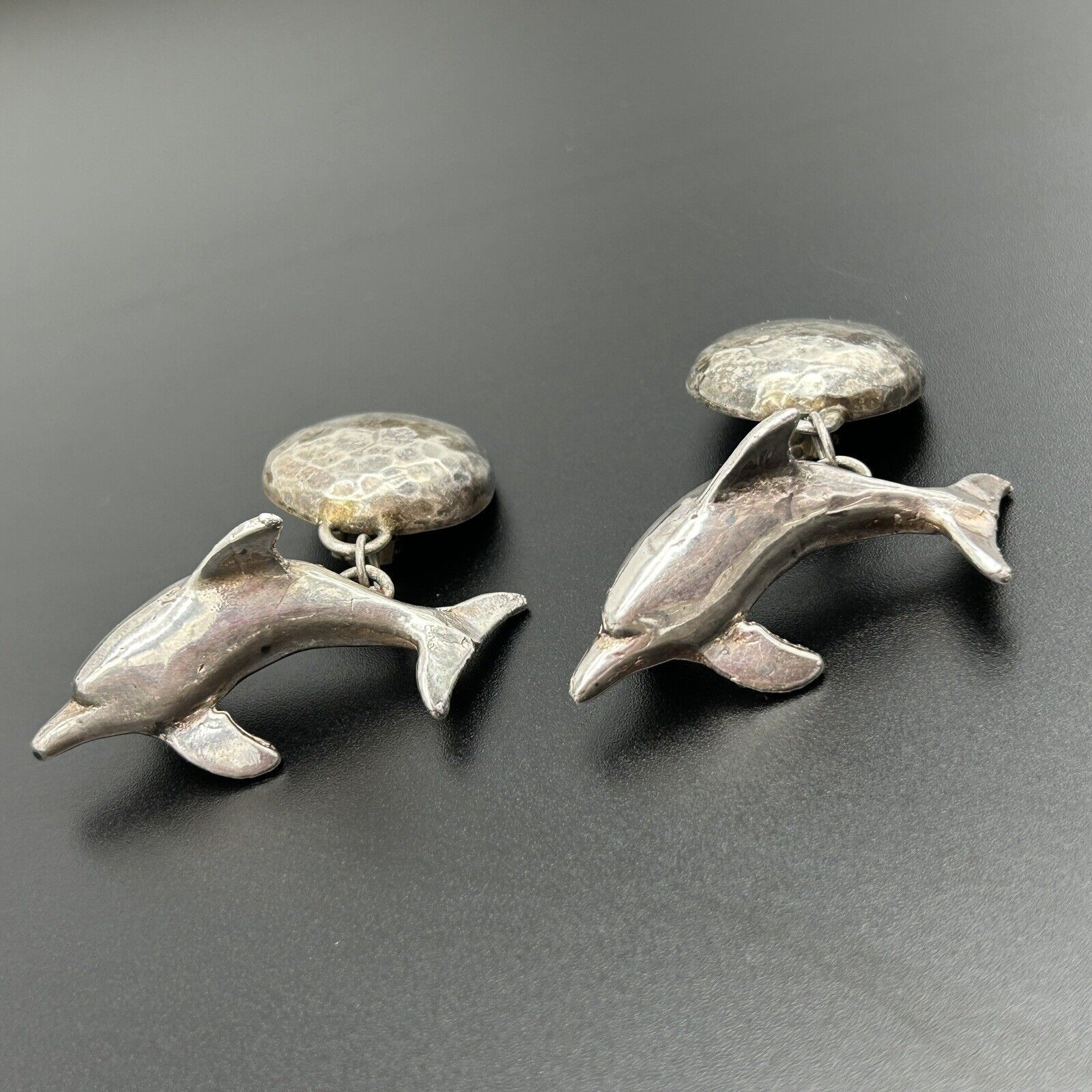 Vintage Signed Susan Cummings Sterling Silver Dolphin Dangle Clip On Earrings