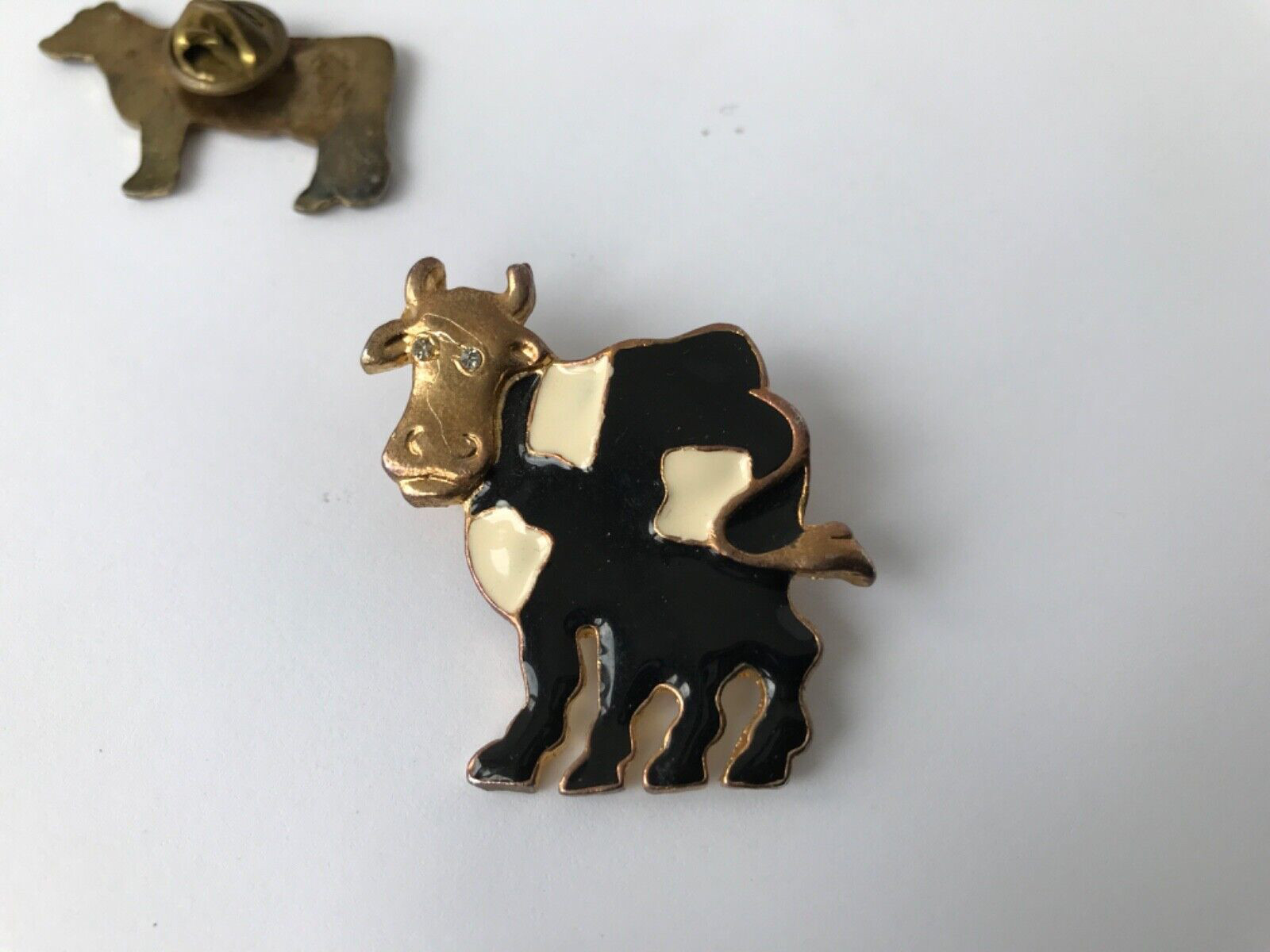 Vintage Enamel Cow Pin Tack Pin Brown Black White Rhinestone Eyes