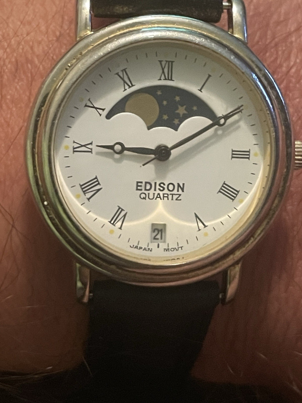 Vintage Edison Quartz Moon Phase Date Dress Watch Roman Dial Japan Movement Runs