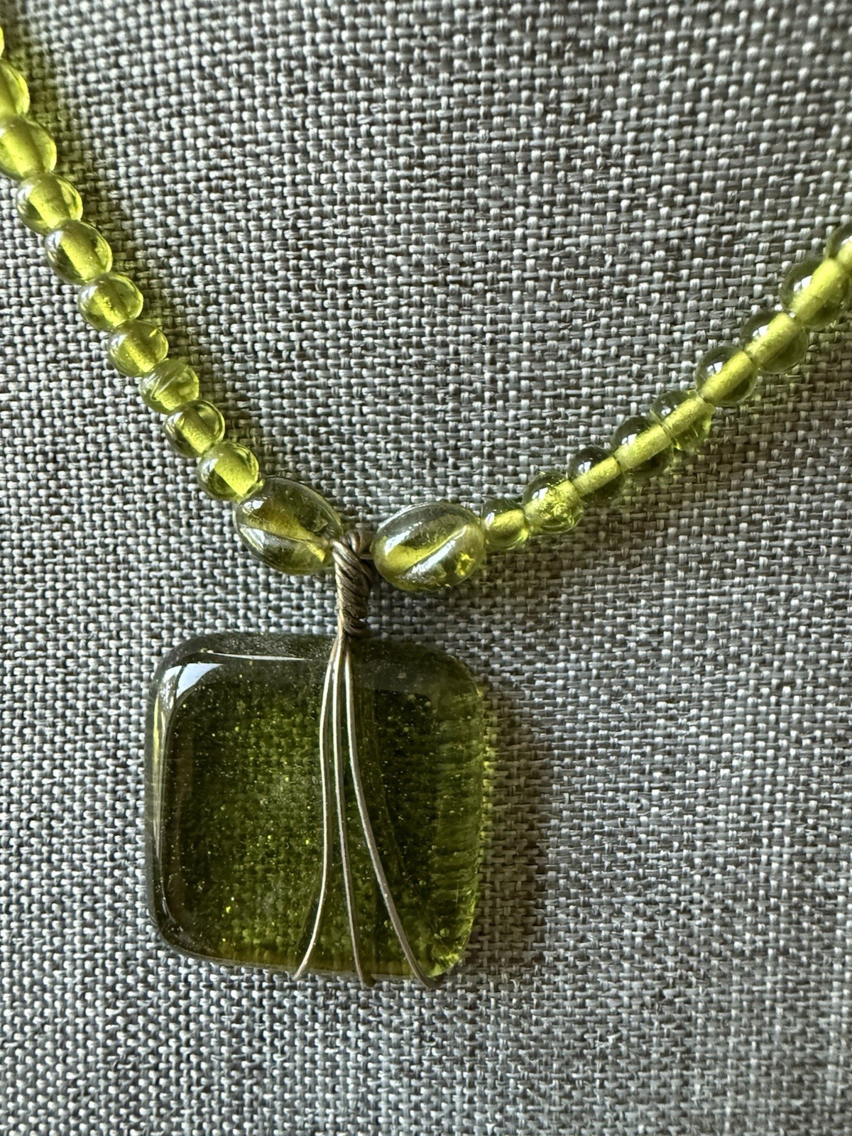 Art Glass Rectangle Wire Wrap Necklace Green Beaded Statement Choker Festival