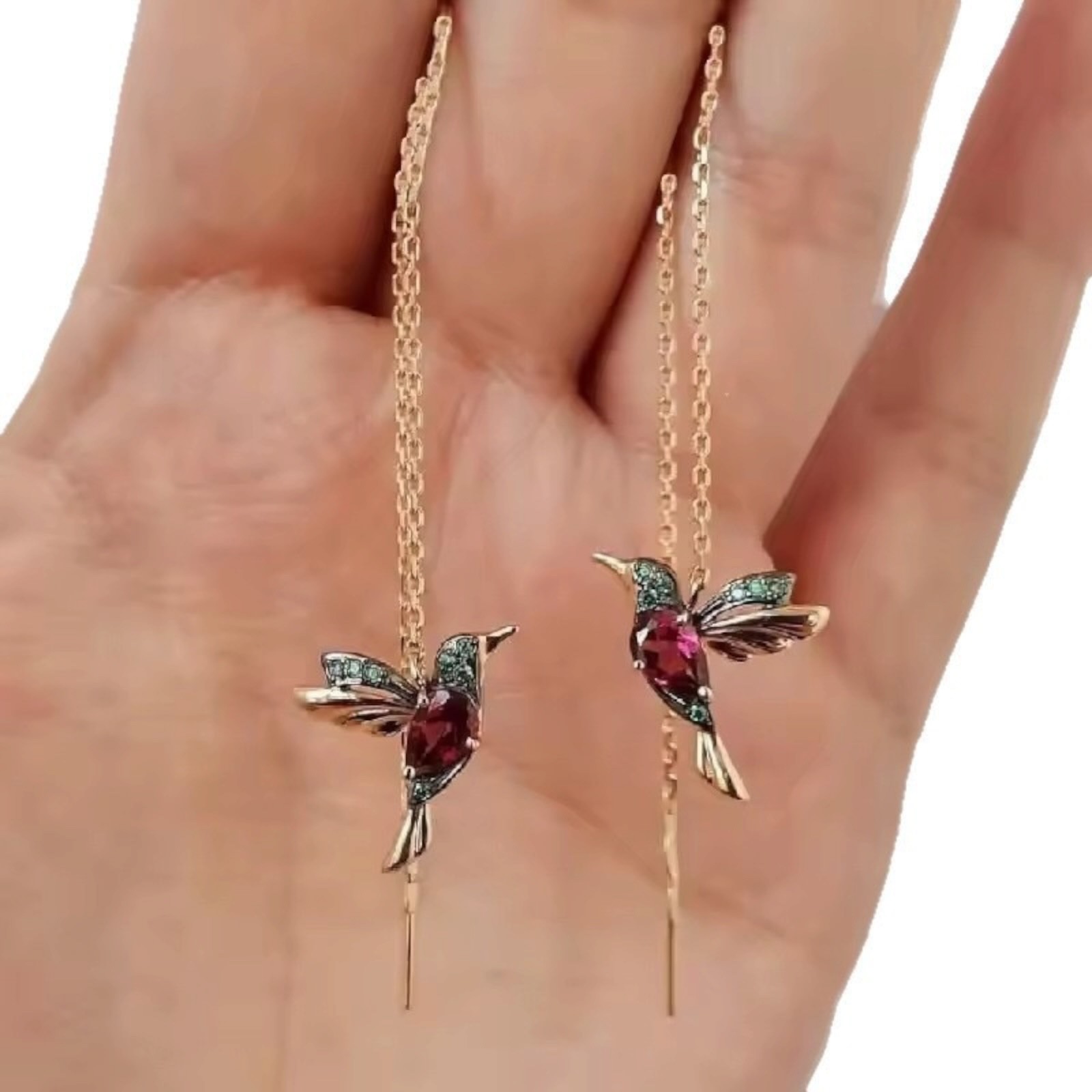 Silver Plated Drop Tassel Hummingbird Earrings Stud Threader Dangle B86
