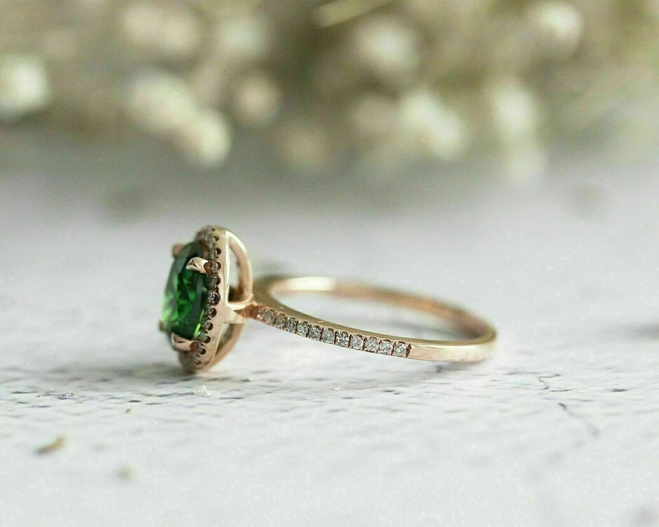 3.20Ct Oval Cut Lab-Created Green Emerald & Diamond Ring 14k Yellow Gold Finish