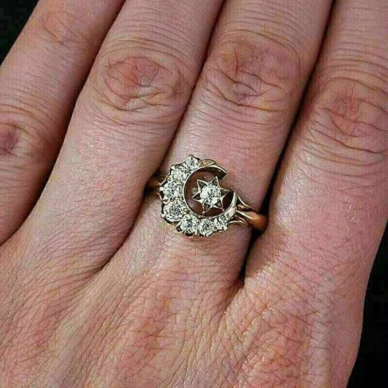 Moon Star Lab Created Diamond 925 Silver Engagement Retro Crescent Dainty Ring