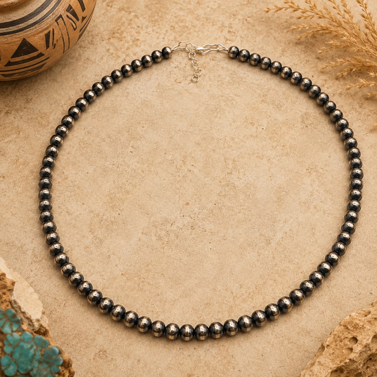 Navajo Style Pearl Beaded Necklace 6mm Silver Plated 20” NWT