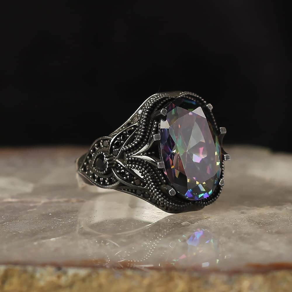 925 Sterling Silver Mens Ring with Mystic Topaz Gem Stone, Handmade Men’s Ring