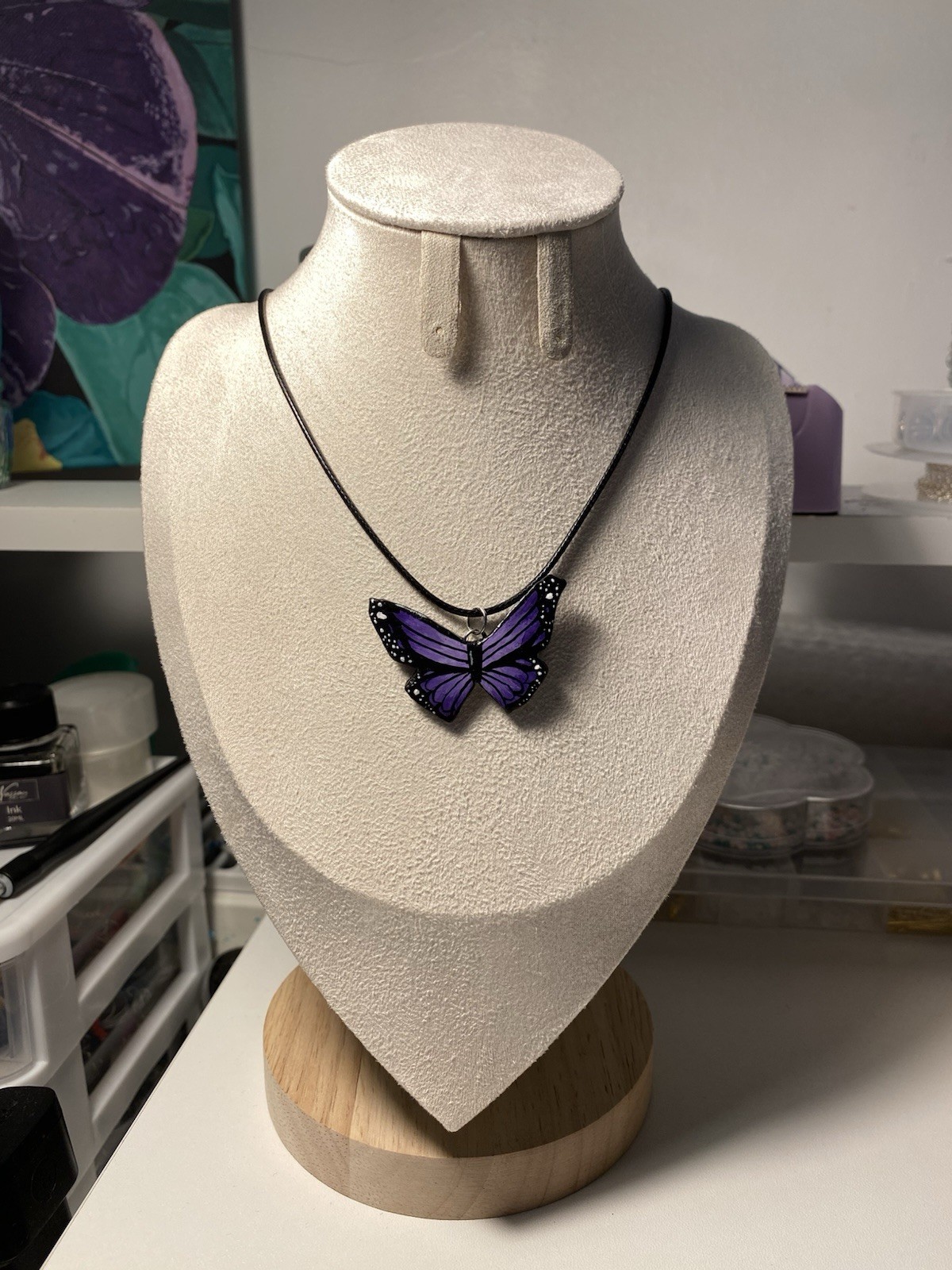 Purple Enamel Butterfly Charm Pendant Necklace on Black Cord Animals & Insects