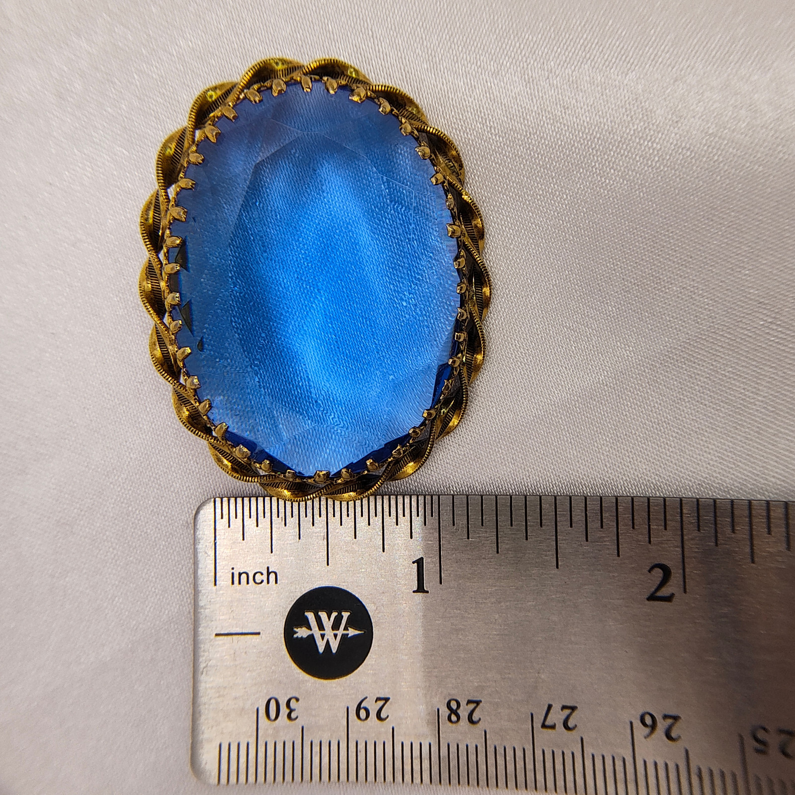 Vintage Art Deco Style Austrian Brooch Blue Paste Gold Tone Filigree Spiral Rope