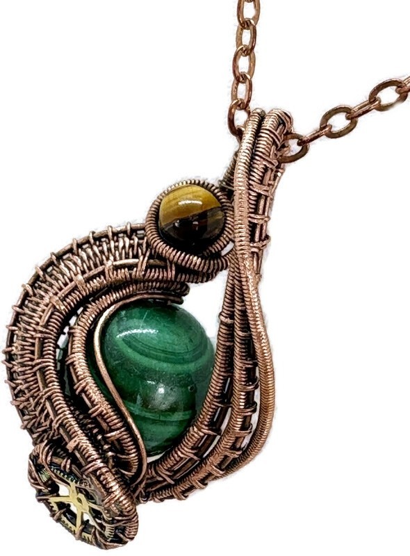 Steampunk Malachite Pendant, Wire-Wrapped in Bronze with Golden Tiger Eye
