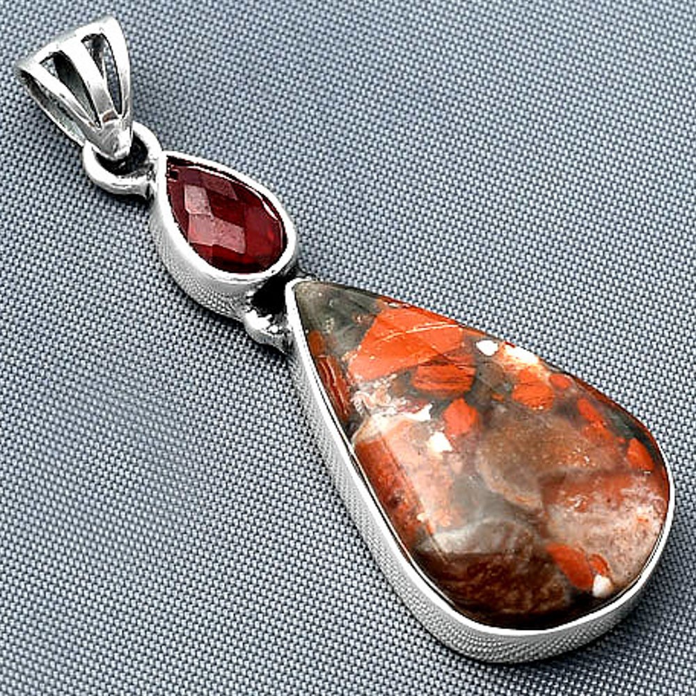Red Brecciated Jasper & Garnet 925 Sterling Silver Pendant Jewelry P-1077