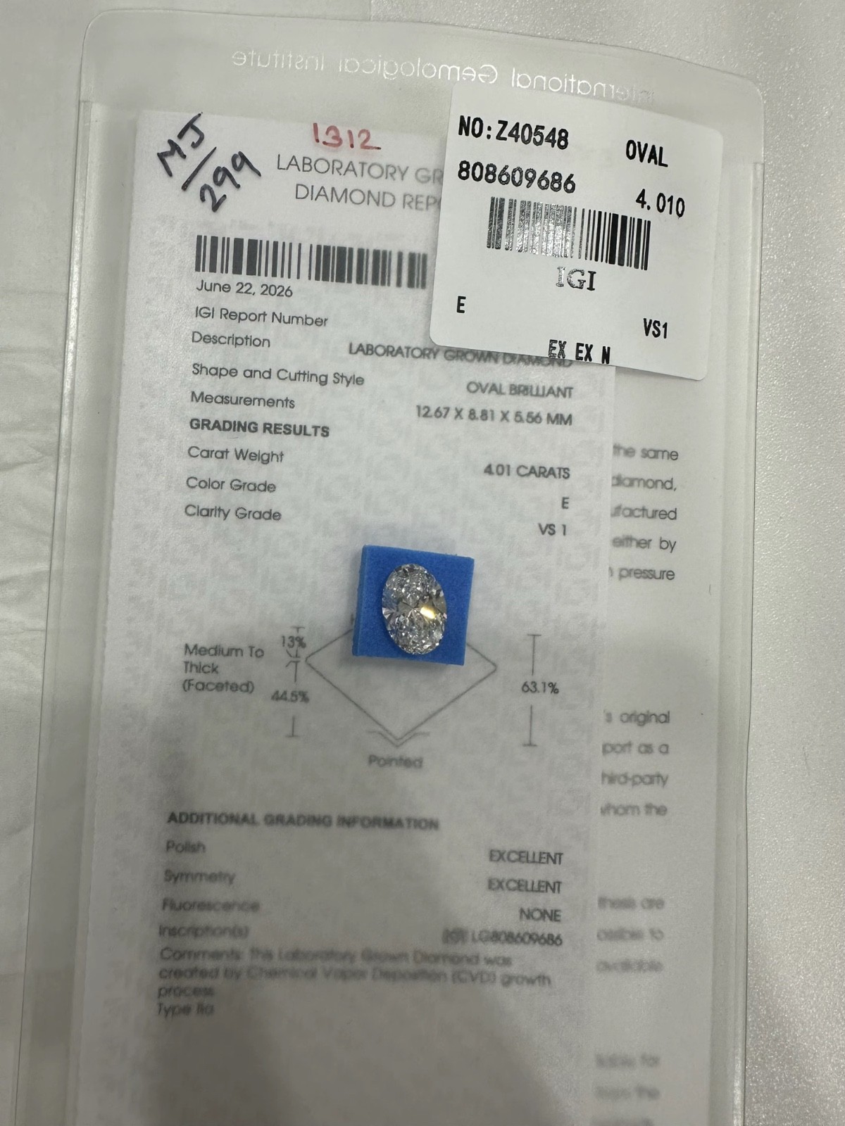 4.01 ct Oval Lab Grown Diamond E VS1 Excellent Cut IGI Certified Loose Gemstone