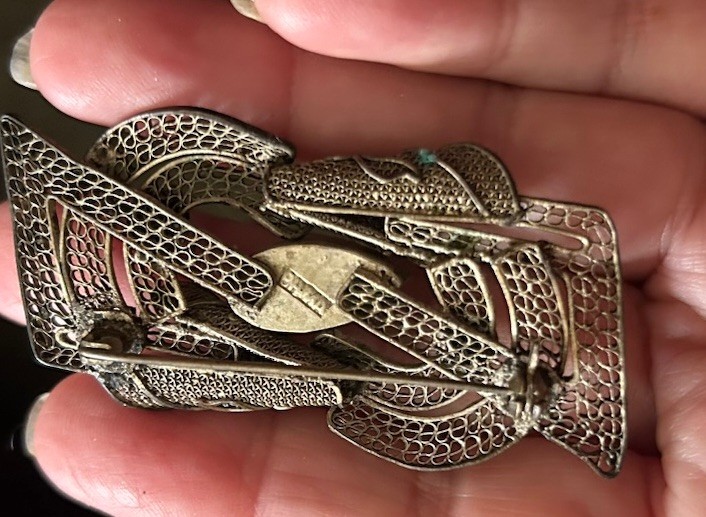 Antique Chinese Export Silver Filigree Amethyst Turquoise Floral Brooch Unusual