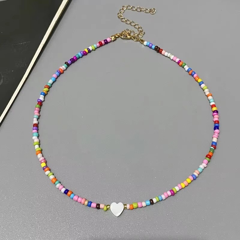 Nature Shell Heart Choker Necklace Colorful Glass Beads Summer Gift