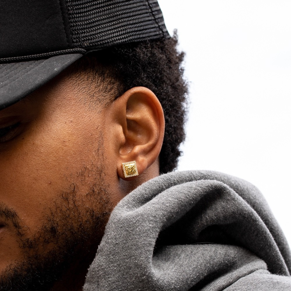 Mens Square Yellow Gold Plated Sterling Silver Iced Nugget Screw Back Earrings