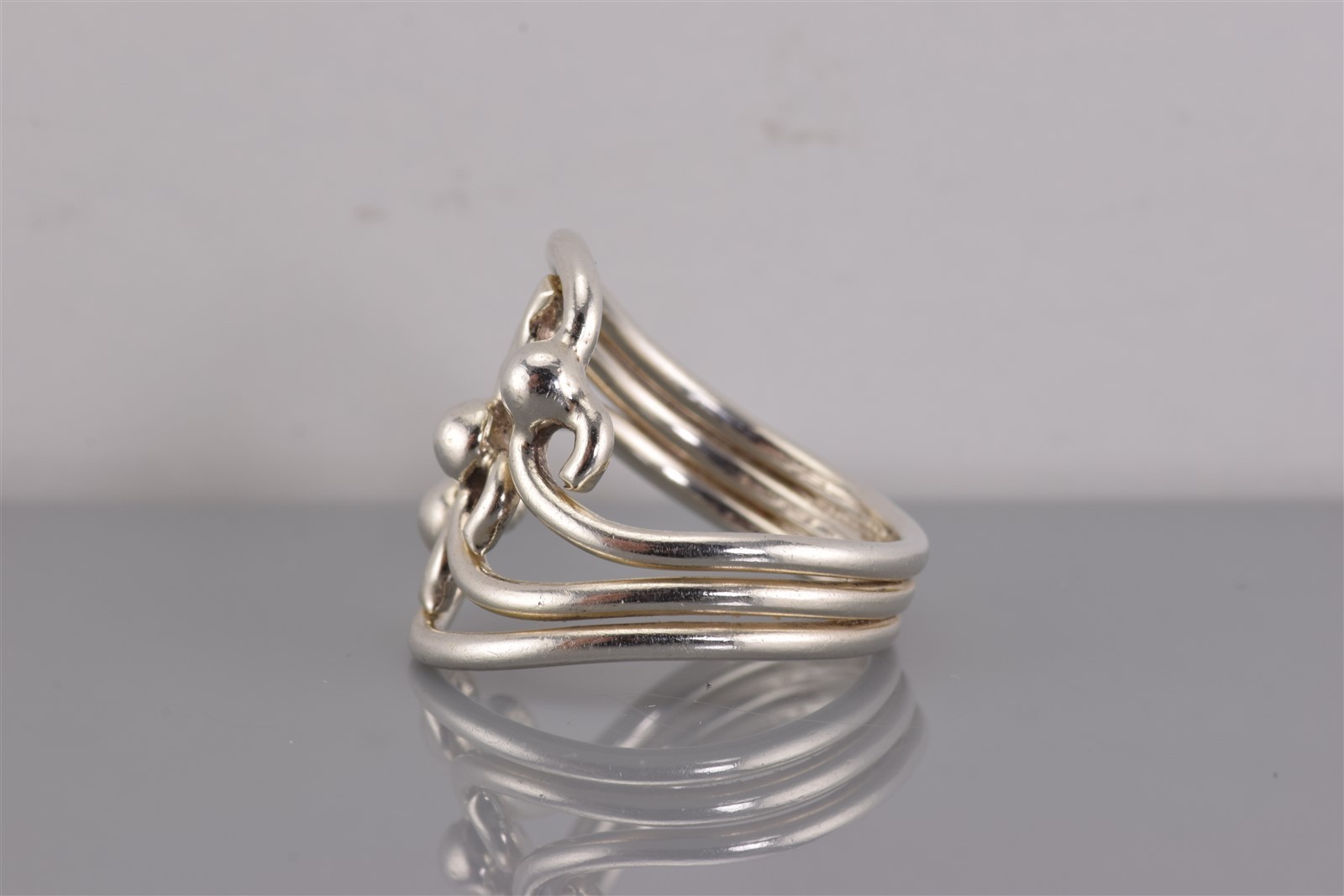 Sterling Silver Offset Beaded Swirled Loop Triple Band Ring 925 Sz: 8