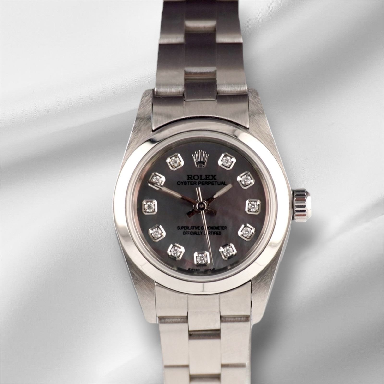 Rolex Oyster Perpetual 25mm Steel Black MOP Diamond Smooth Oyster Watch 67180