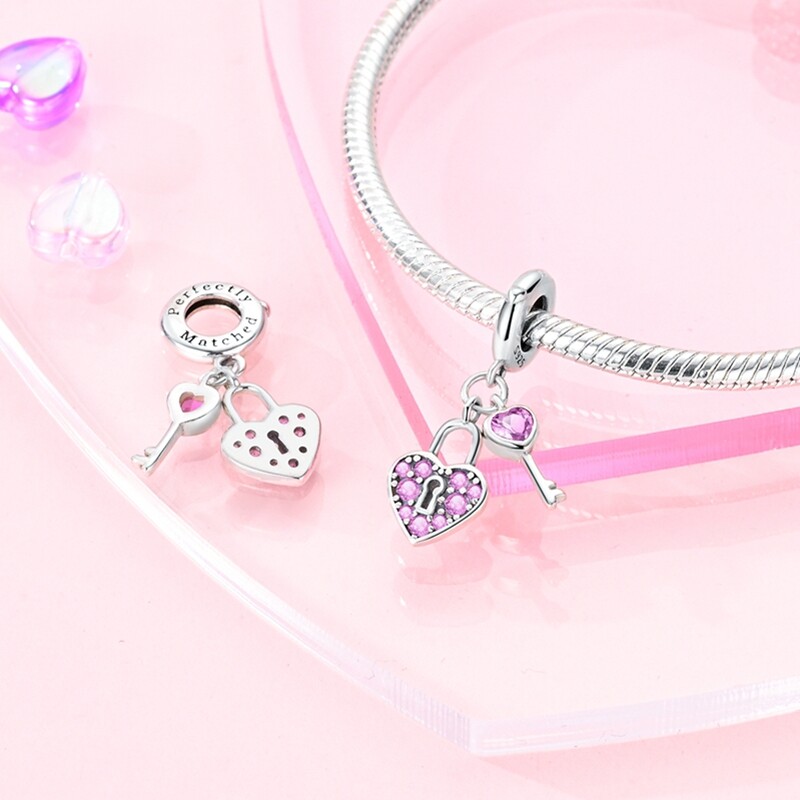MULA S925 Sterling Silver Charm Pink AAA CZ Key Lock Dangle For Women Bracelet