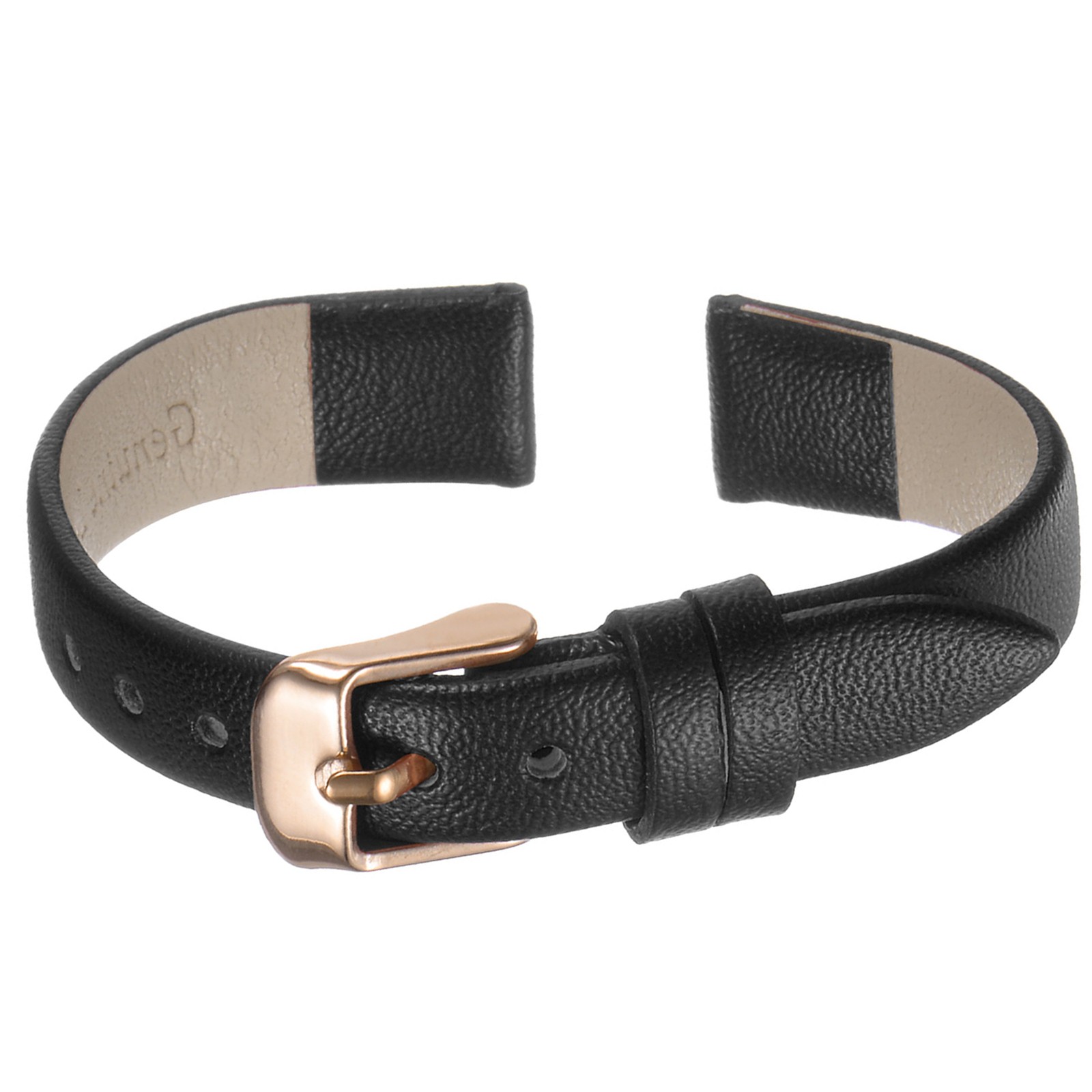 Black Genuine Leather Band 12mm Width Watch Strap Rose Gold Buckle for Men Women