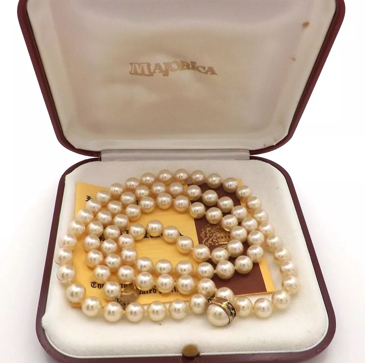 Majorica Pearl Necklace 8mm 30in Sterling Silver Gold Clasp Original Box Spain