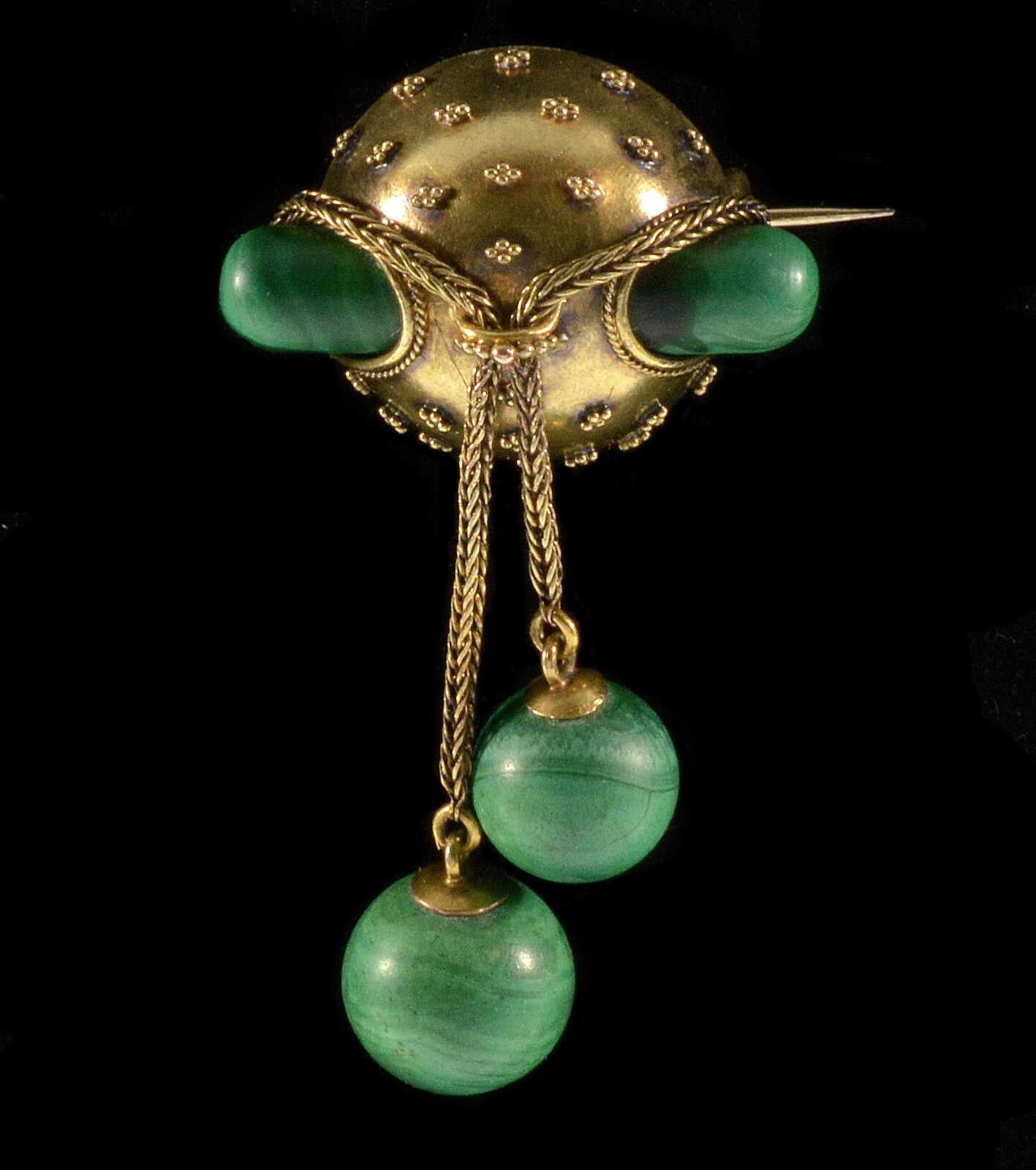 ANTIQUE VICTORIAN ETRUSCAN REVIVAL 15K GOLD MALACHITE BROOCH PIN C.1880