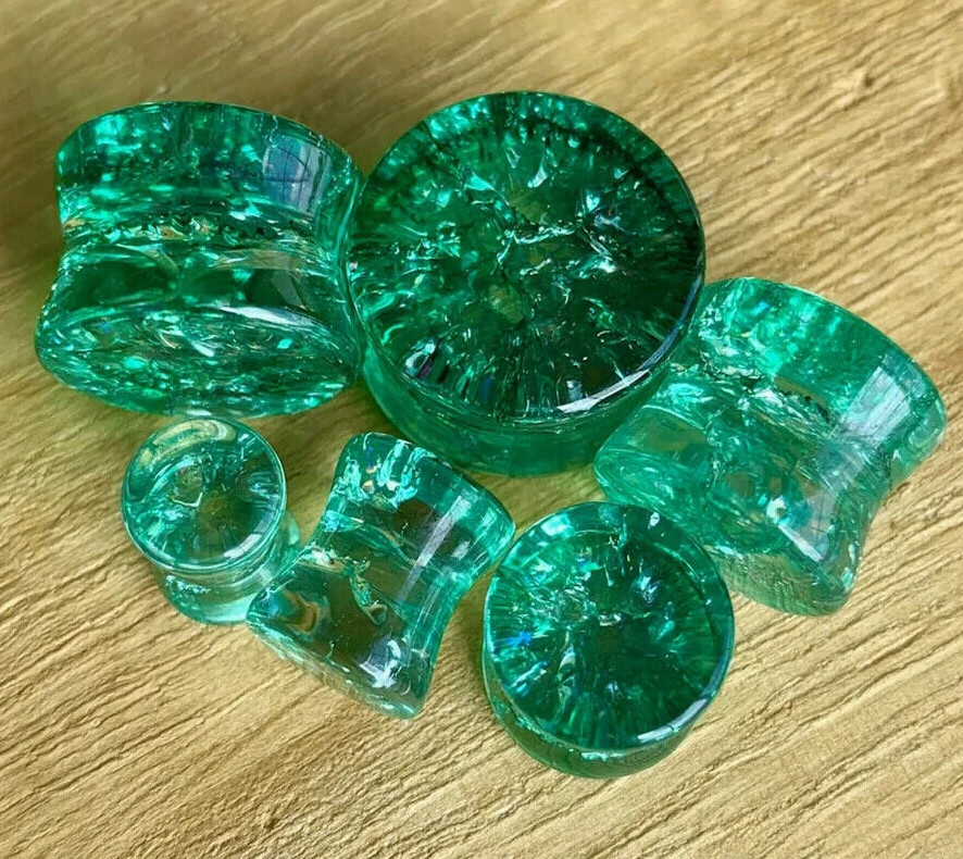 PAIR Cracked Green Glass Plugs Double Flare Shattered Look Gauges Body Jewelry
