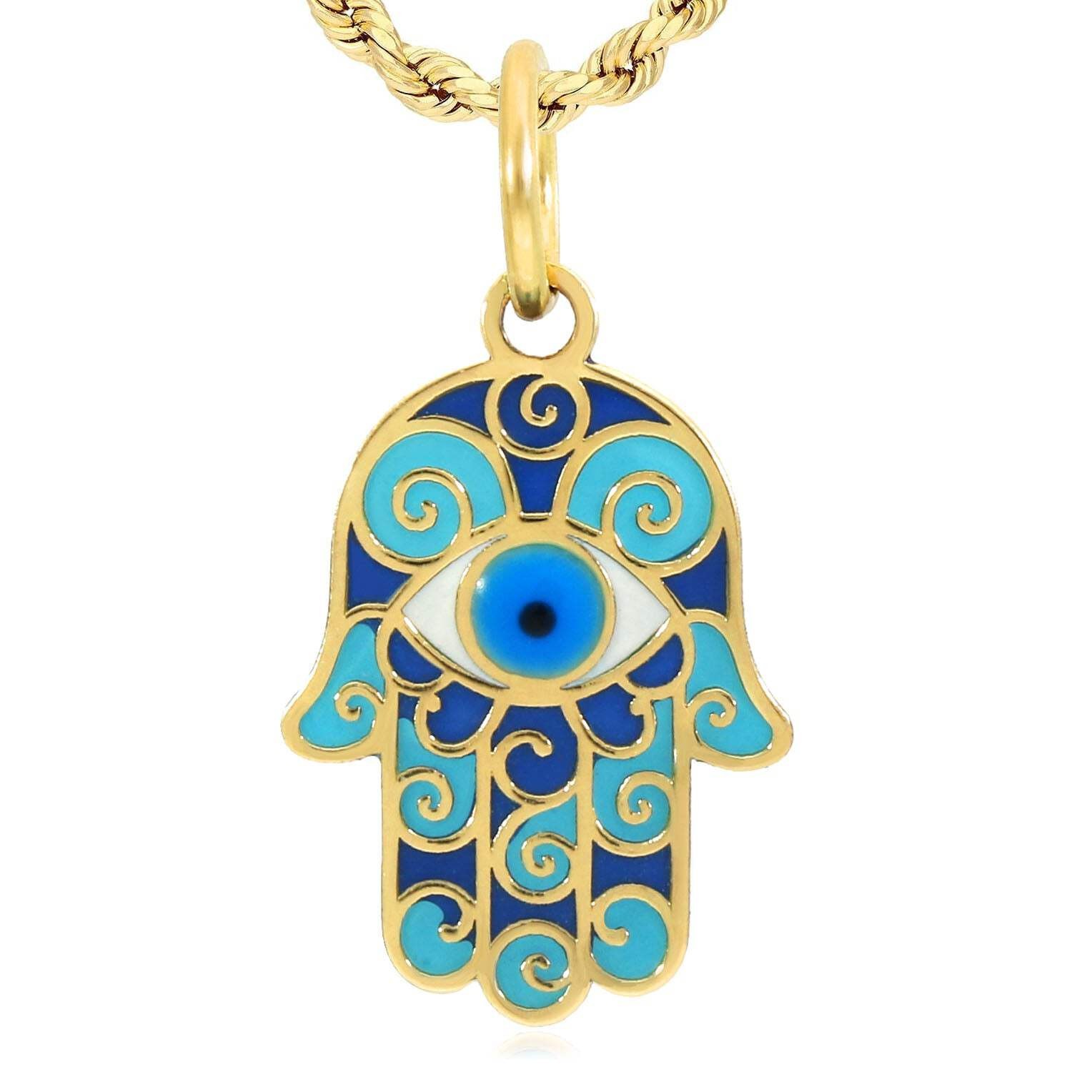 10K Yellow Gold Blue Enamel Hamsa Hand Evil Eye Pendant 0.9″