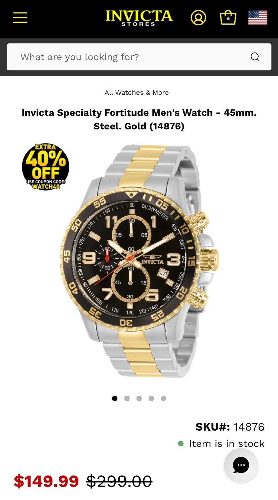 REATAIL $299.99 Invicta Specialty Fortitude 45mm Men’s Watch Gold Silver 37147