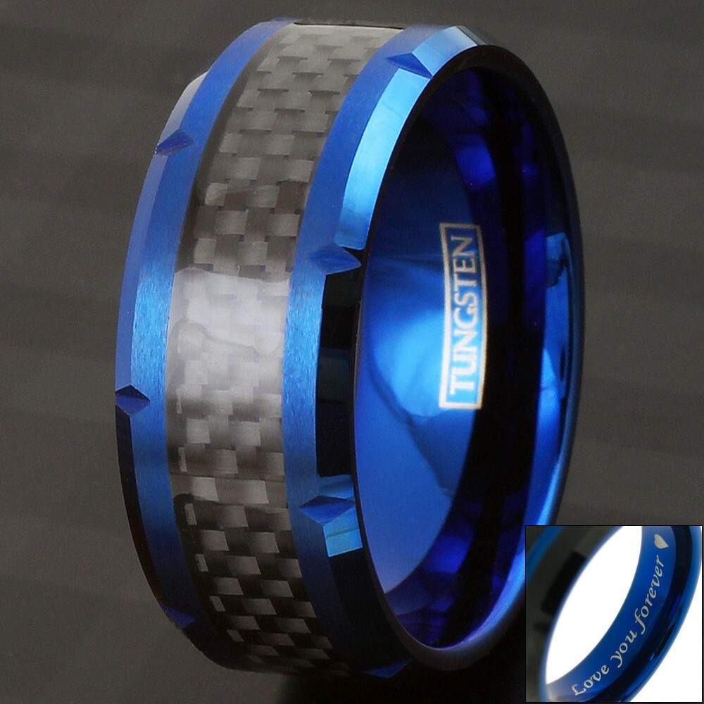 10mm Wide Blue Tungsten Black Carbon Fiber Wedding Band Ring-Engraving Avail.