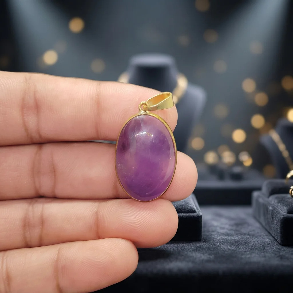 Natural Amethyst Brass Pendant Purple Gemstone Cabochon Handmade Jewelry Boho
